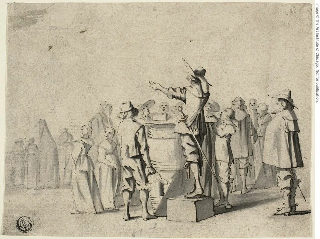 The Charlatan (recto), and Two Standing Figures (verso) by Gerard ter Borch, drawing, 1630-1681