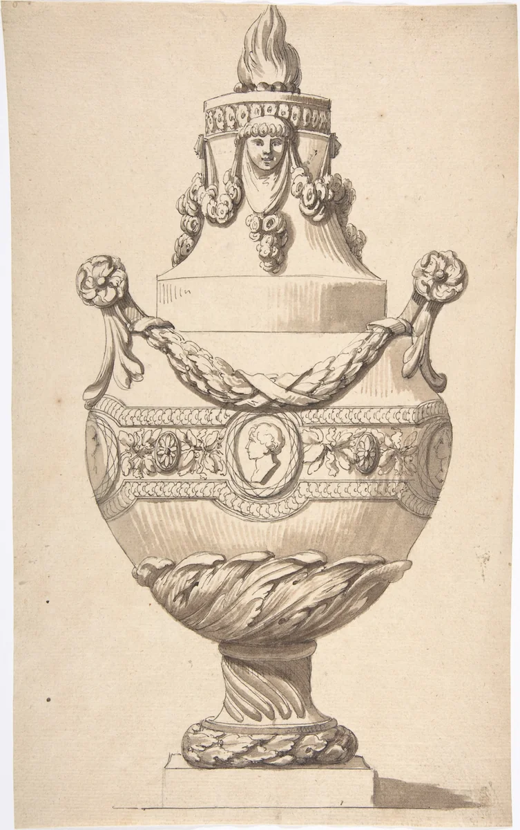 Urn with Acanthus Base and Flambeaux Top by anonymous, drawing, 1700-1799
