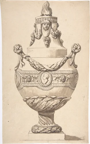 Urn with Acanthus Base and Flambeaux Top by anonymous, drawing, 1700-1799