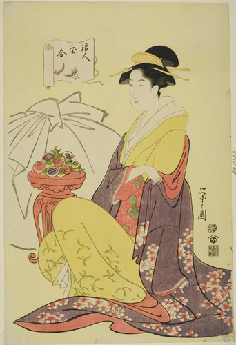 Hotei, from the series "Comparison of the Treasures of the Gods of Good Fortune (Fukujin takara awase)" by Chobunsai Eishi, print, 1790-1800