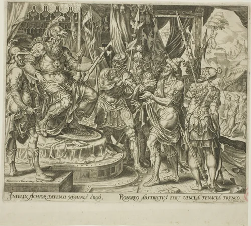Achior Pleading with Holofernes for the Israelites, plate one from The Story of Judith and Holofernes by Philip Galle, print, 1564