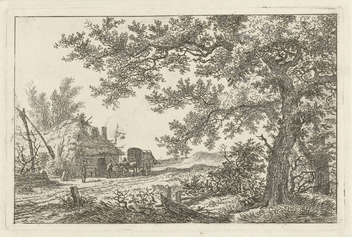 Huifkar bij boerderij by Hermanus Fock, print, 1781-1822