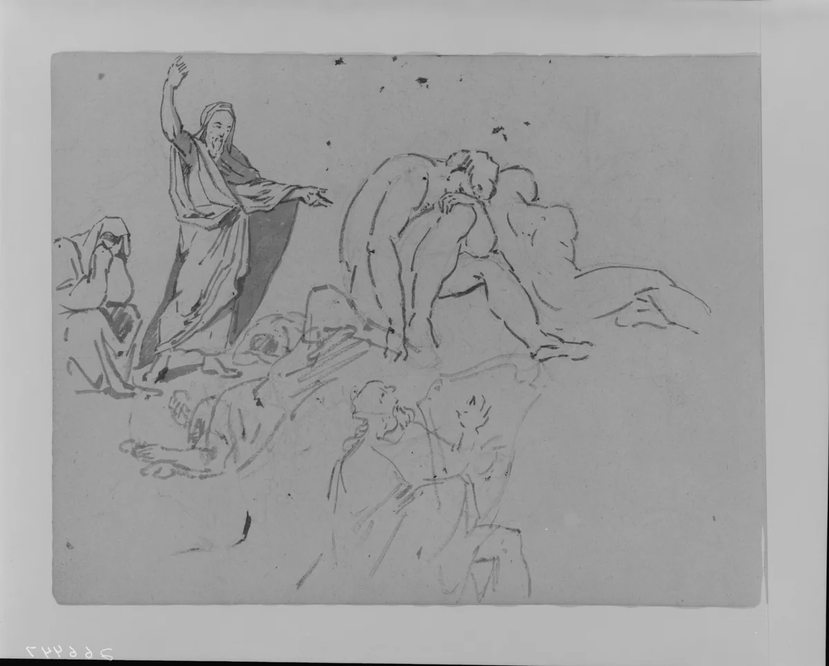 Man Preaching with Upraised Arm, Two Male Nudes, Man Playing Harp (from Sketchbook) by Thomas Sully, artwork, 1810-1820