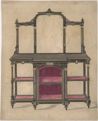 Design for a Cabinet with Shelves and Mirrors by anonymous, drawing, 1800-1900