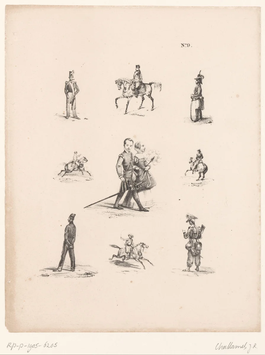 Negen studies van soldaten, ruiters en wandelaars by Jules Robert Pierre Joseph Challamel, print, 1829-1862
