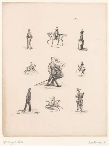 Negen studies van soldaten, ruiters en wandelaars by Jules Robert Pierre Joseph Challamel, print, 1829-1862