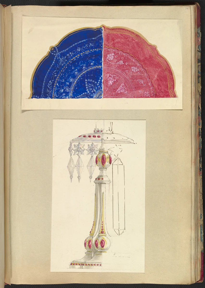 Designs for Two Decorated Plates and a Candleholder with Cut Glass Drops by Alfred Forrester, drawing, 1845-1855