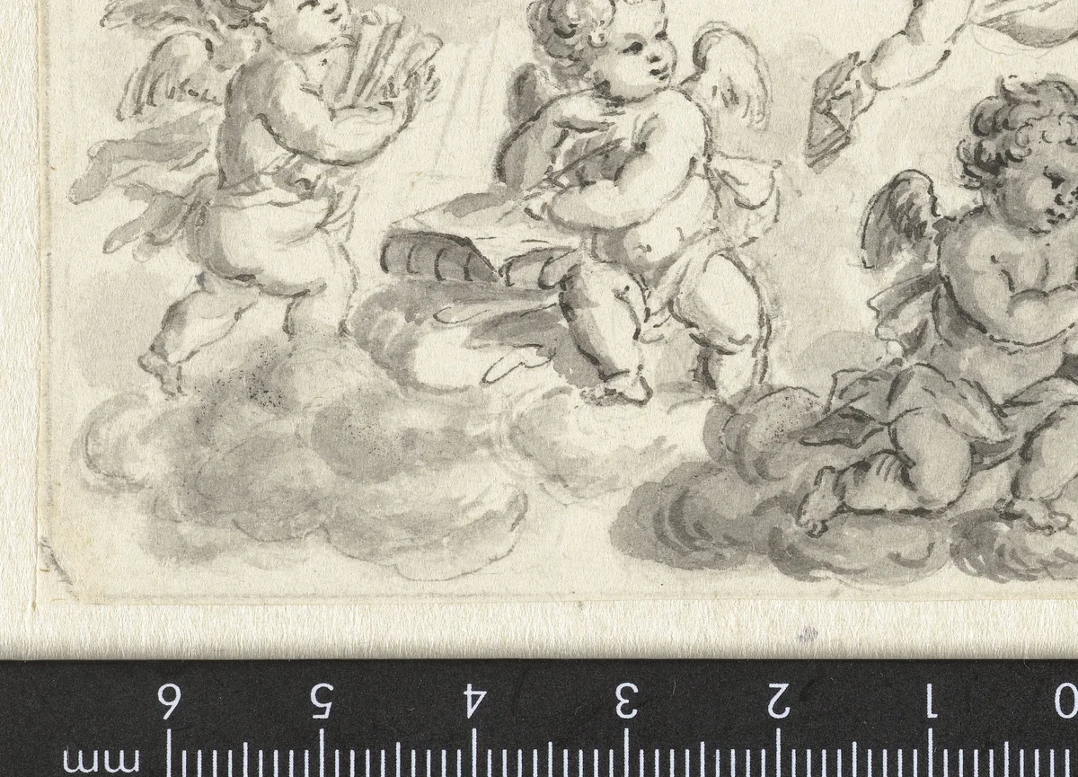 Vignet van putti op wolken met boeken by Abraham Delfos, drawing, 1741-1820