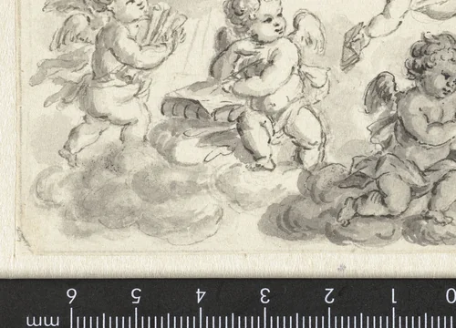 Vignet van putti op wolken met boeken by Abraham Delfos, drawing, 1741-1820
