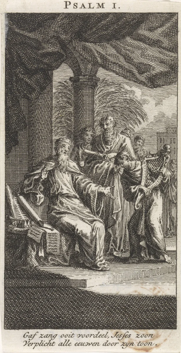 Koning David ontvangt zijn harp by anonymous, print, 1712