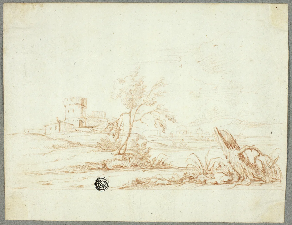 Tower and other Buildings in Landscape by Jean Baptiste Pillement, drawing, 1739-1808