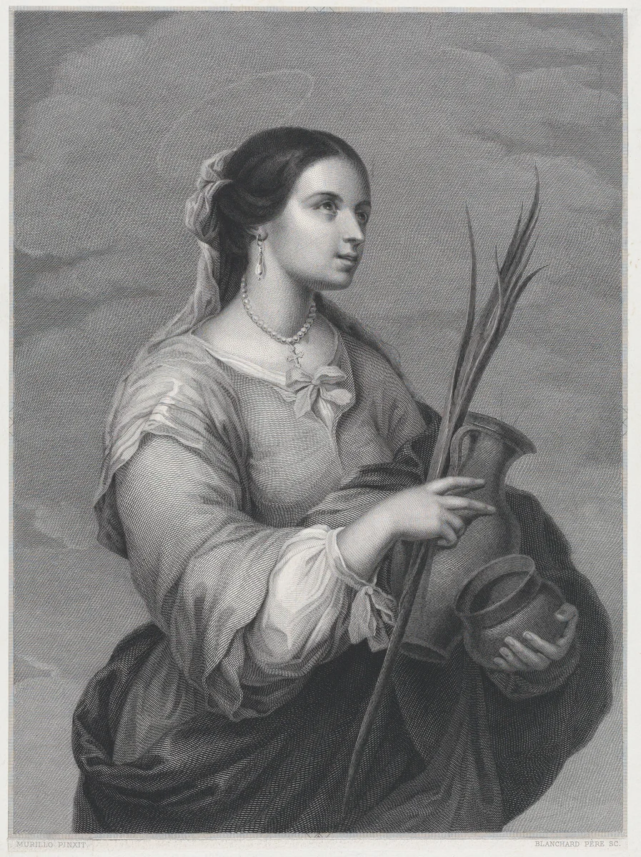 St Justa, three-quarter length, turned to right, holding two pots and a palm by Auguste Blanchard, print, 1838-1848