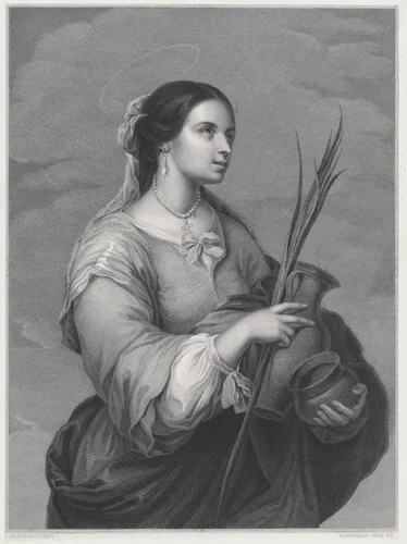 St Justa, three-quarter length, turned to right, holding two pots and a palm by Auguste Blanchard, print, 1838-1848