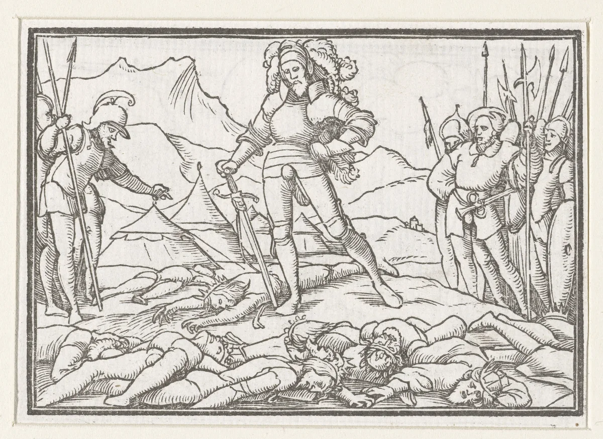 Jozua als legeraanvoerder van Israëlieten met lichamen van de verslagen koningen by Hans Holbein, print, 1538