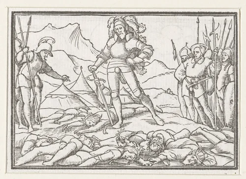 Jozua als legeraanvoerder van Israëlieten met lichamen van de verslagen koningen by Hans Holbein, print, 1538
