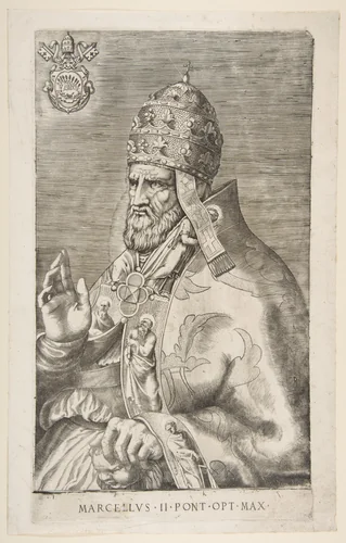 Portrait of Pope Marcellus II, right hand raised facing left by Giulio Bonasone, print, 1555