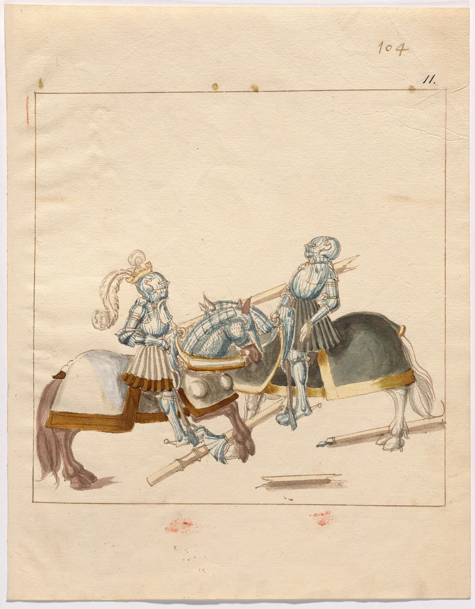 Mock Joust of War in Reinforced Field Armor by German 16th Century, drawing, 1515