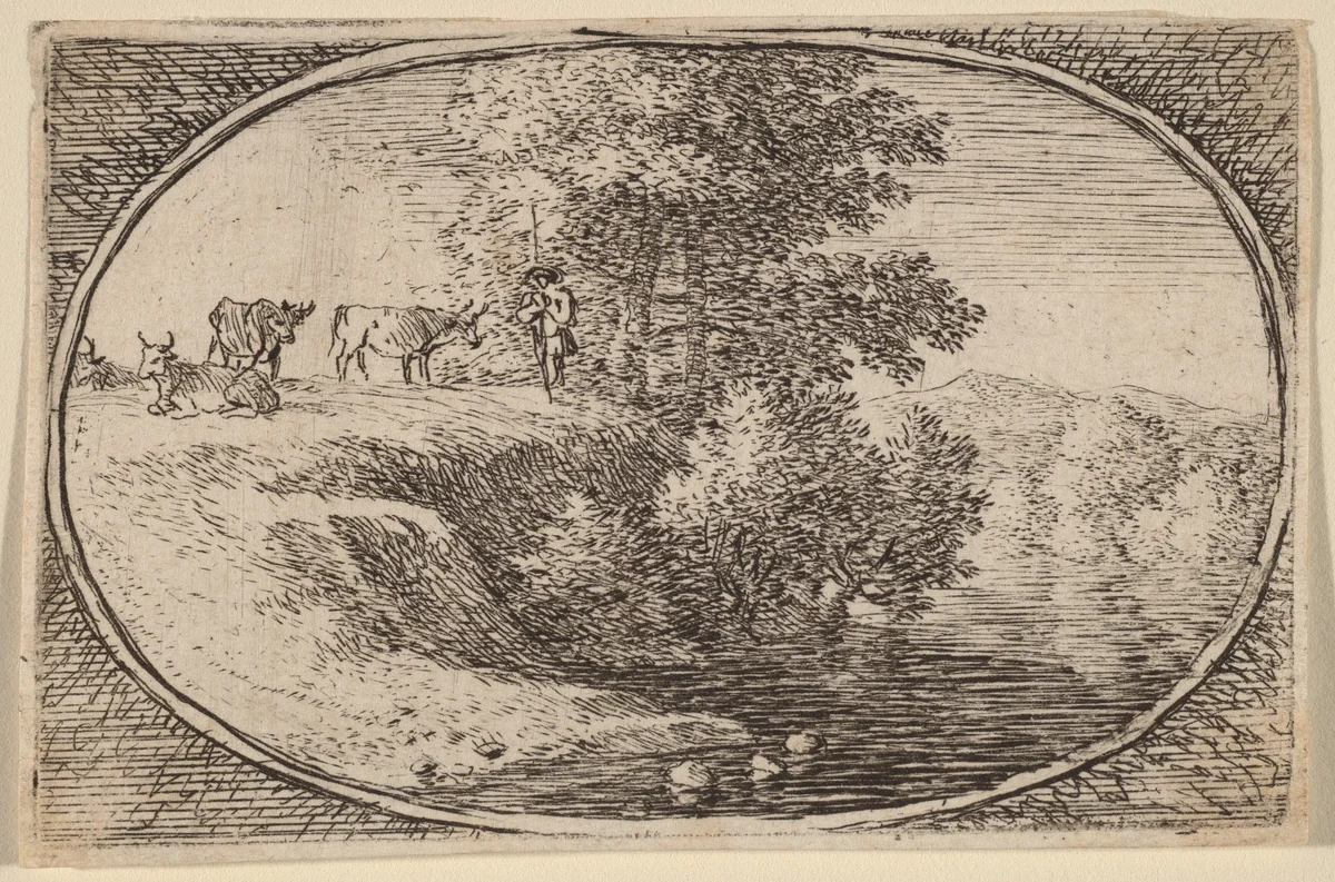 Herd of Cows on Bluff to Left of Water by Herman van Swanevelt, print, 1600-1655