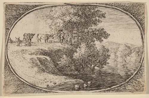 Herd of Cows on Bluff to Left of Water by Herman van Swanevelt, print, 1600-1655