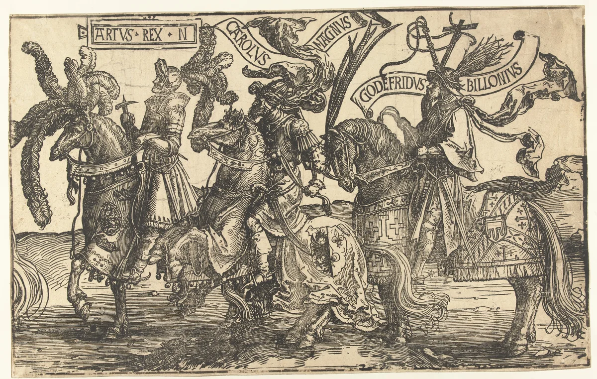 De helden Koning Arthur, Karel de Grote en Godfried van Bouillon by Lucas van Leyden, print, 1518-1522