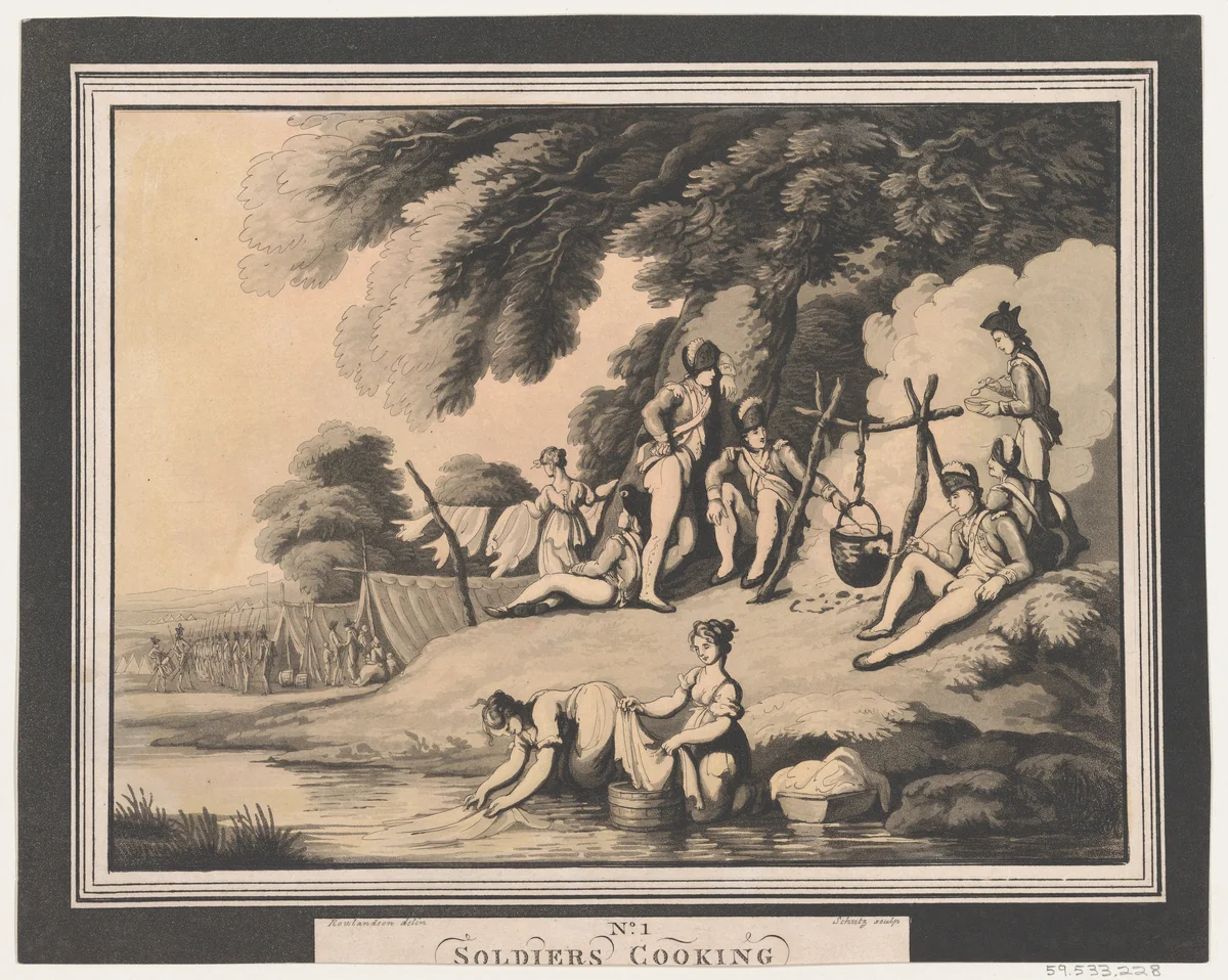 Soldiers Cooking by Heinrich Joseph Schütz, print, 1798