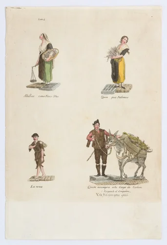 Plate 4: four street vendors from Madrid selling Albillas, radishes, carbon, from 'Los Gritos de Madrid' (The Cries of Madrid) by Miguel Gamborino, print, 1809-1817