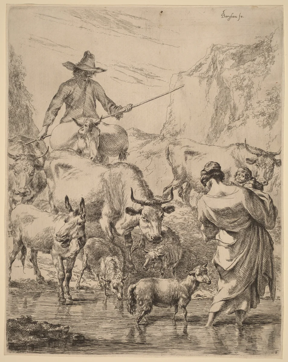 Herd Crossing the Brook by Nicolaes Pietersz Berchem, print, 1620-1683