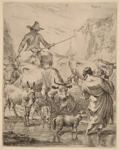 Herd Crossing the Brook by Nicolaes Pietersz Berchem, print, 1620-1683