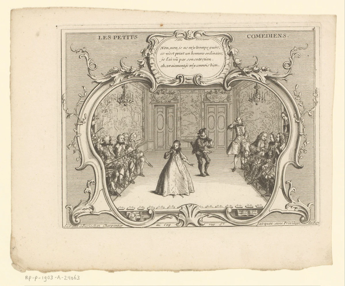 Derde scène waarin een man een zwaard trekt achter een vrouw by anonymous, print, 1739-1792