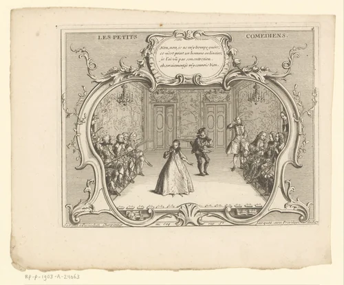 Derde scène waarin een man een zwaard trekt achter een vrouw by anonymous, print, 1739-1792
