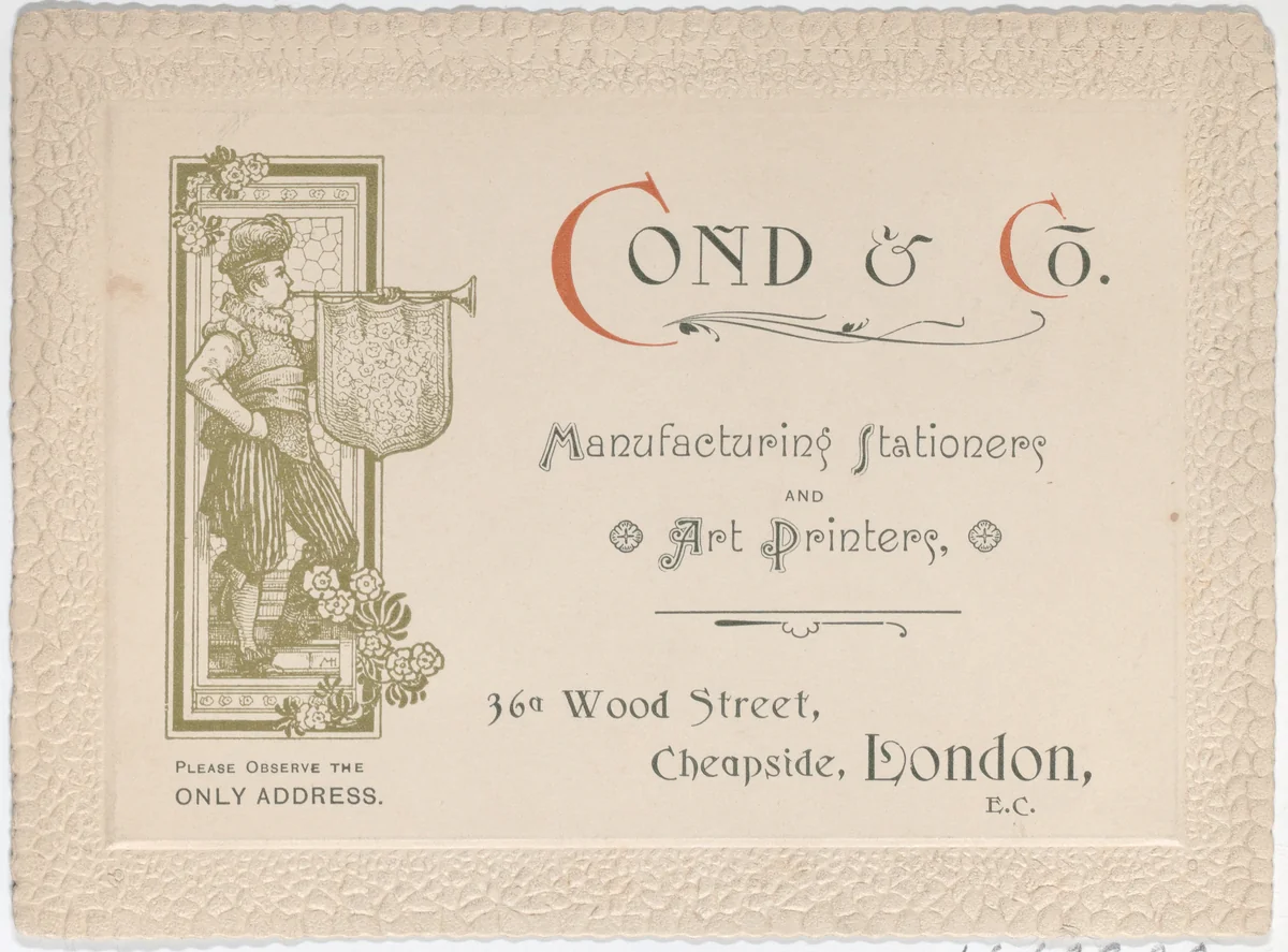 Trade Card for Cond & Co., Manufacturing Stationers and Art Printers by anonymous, print, 1800-1900