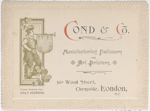 Trade Card for Cond & Co., Manufacturing Stationers and Art Printers by anonymous, print, 1800-1900