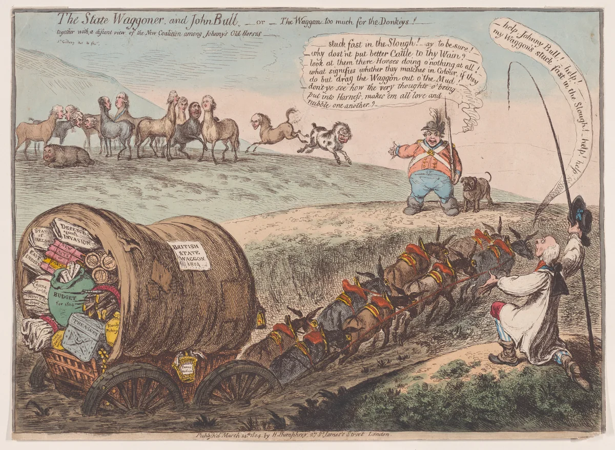 The State Waggoner and John Bull.–or–the Waggon too Much for the Donkeys! by James Gillray, print, 1804
