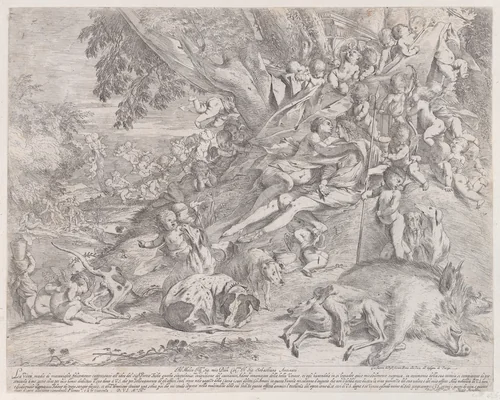 Venus and Adonis, surrounded by many putti, reclining after the hunt, with a dead boar in the lower right by Pietro Testa, print, 1630-1650