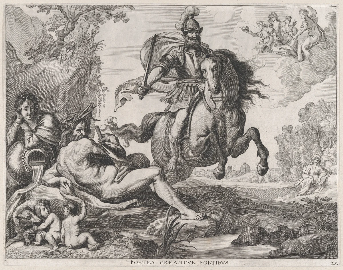 Plate 28: Mars on horseback at center, and Romulus and Remus with the wolf at lower left; from Guillielmus Becanus's 'Serenissimi Principis Ferdinandi, Hispaniarum Infantis...' by Jacob Neeffs, print, 1636