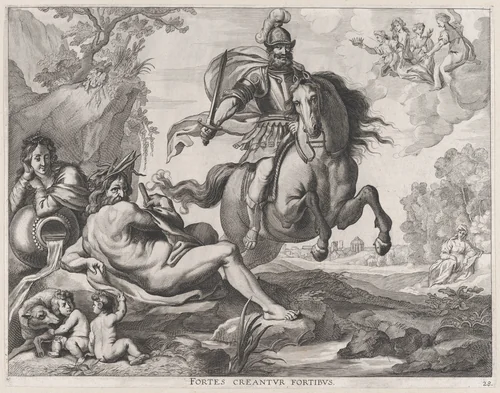 Plate 28: Mars on horseback at center, and Romulus and Remus with the wolf at lower left; from Guillielmus Becanus's 'Serenissimi Principis Ferdinandi, Hispaniarum Infantis...' by Jacob Neeffs, print, 1636