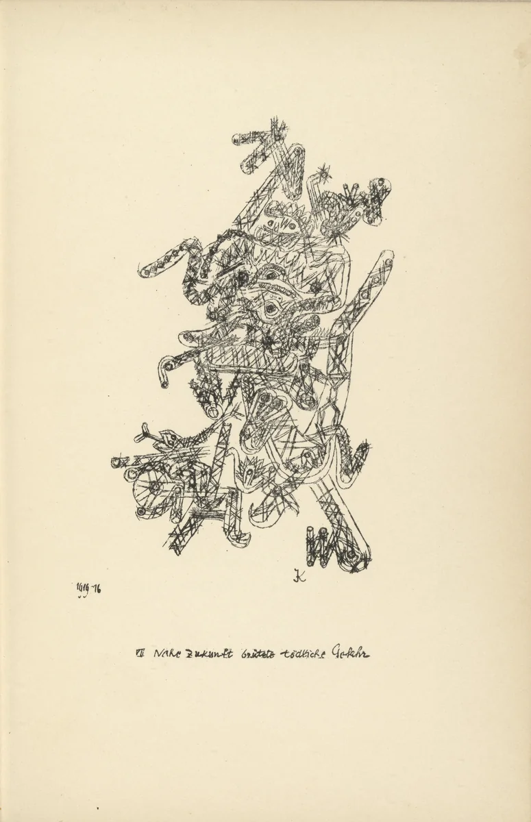 The Near Future Holds Mortal Danger (plate facing page 70) from Potsdamer Platz oder Die Nächte des neuen Messias. Ekstatische Visionen (Potsdamer Platz or The Nights of the New Messiah. Ecstatic Visions) by Paul Klee, illustrated book, 1919