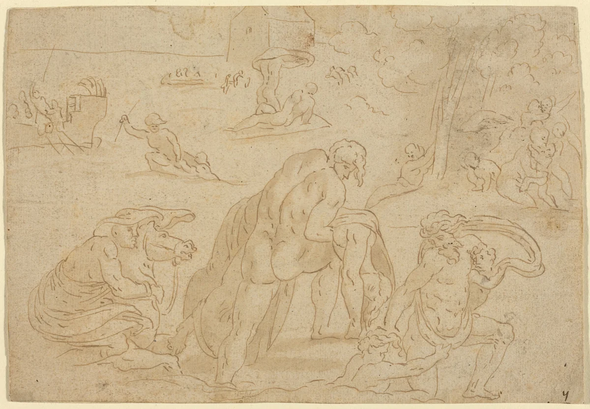 The Deluge, from the Loggia of the Vatican by Anonymous Artist; Raphael, drawing, 1483-1520