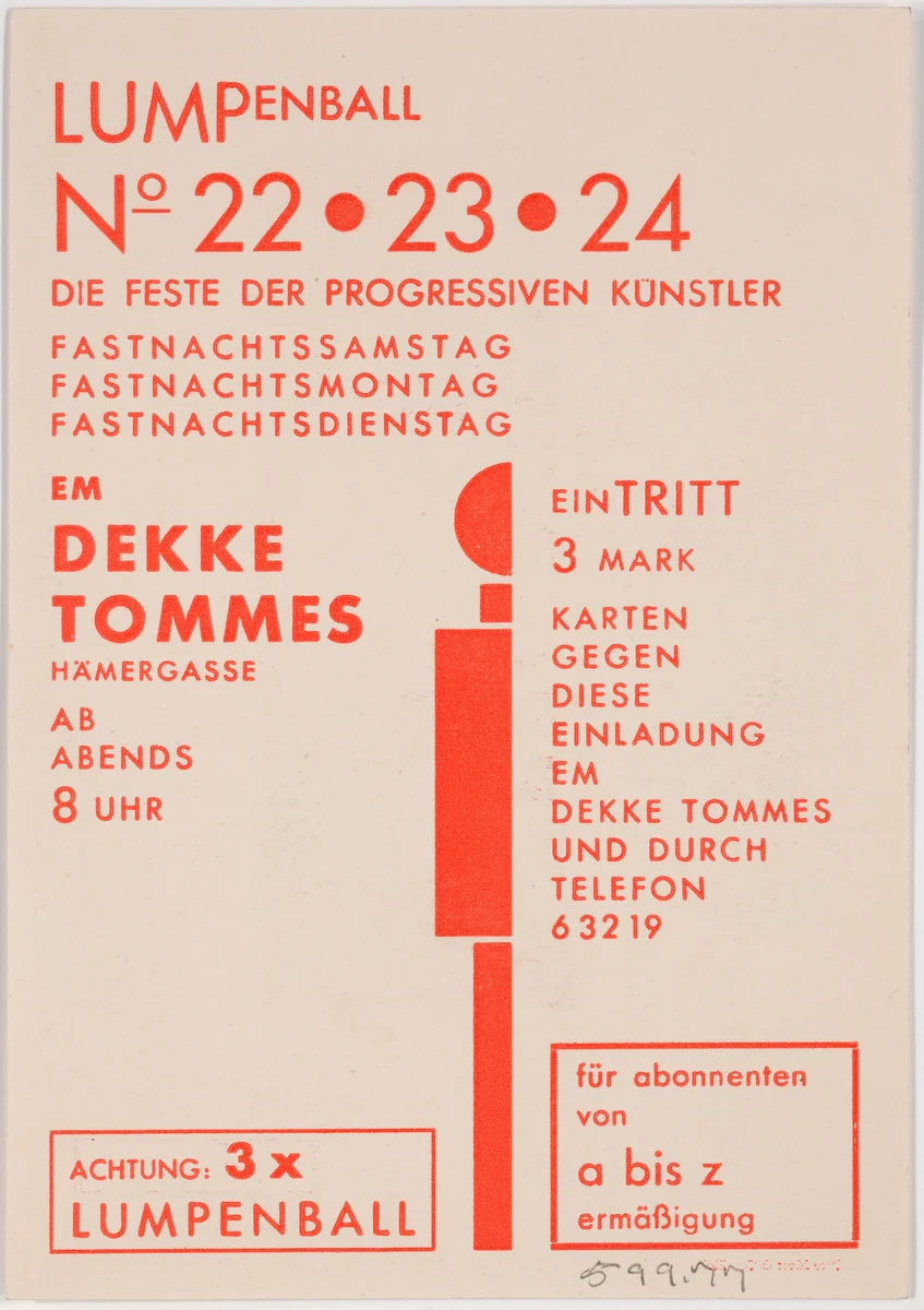 Da ist er wieder Hurra der Lumpenball No 1 im Dekke Tommes am Samstag, den 19. Januar by Franz Wilhelm Seiwert, design, 1929