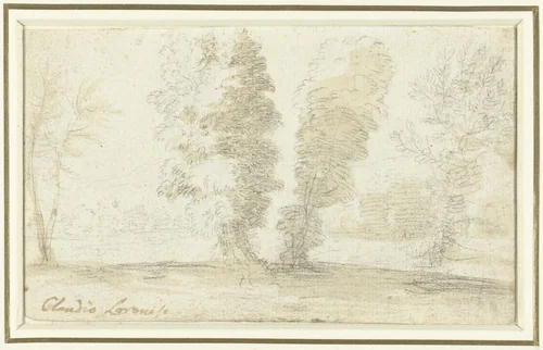 Enkele hoge bomen voor een open veld by Claude Lorrain, drawing, 1610-1680