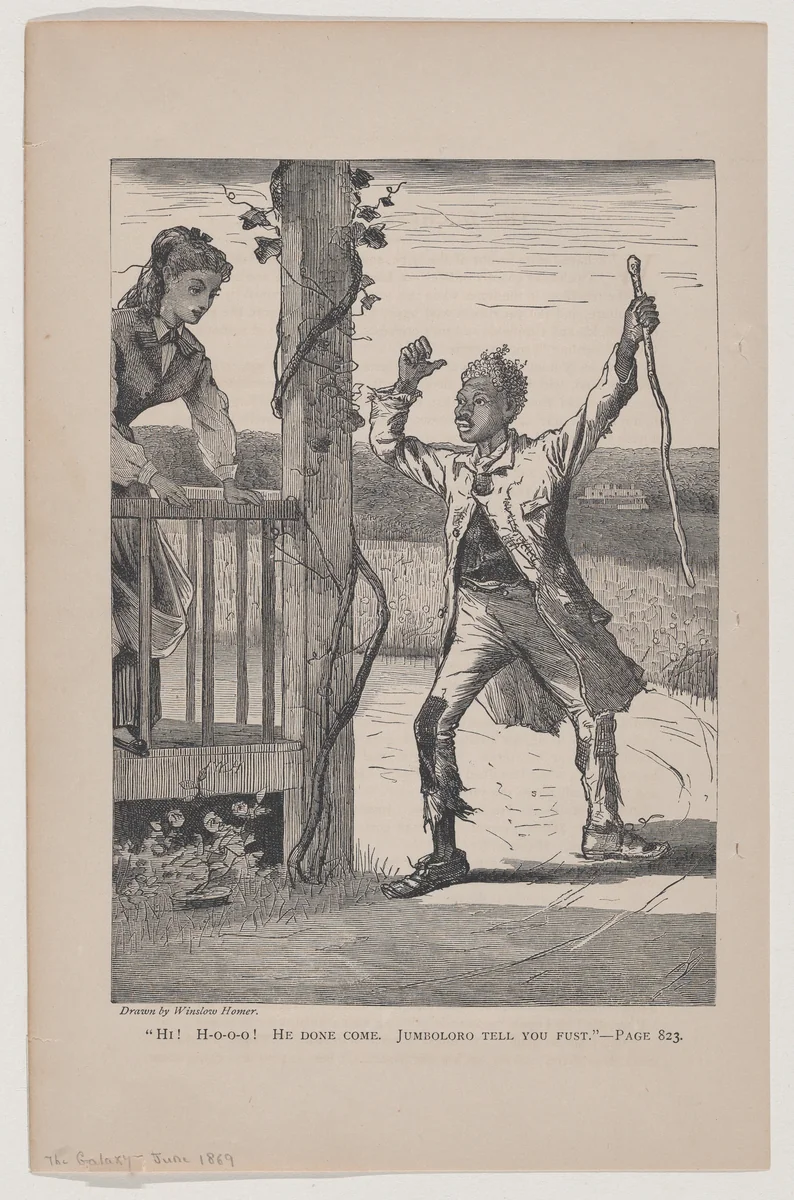 "Hi! Ho-o-o! He Done Come. Jumbolor Tell you Fust" (The Galaxy, An Illustrated Magazine of Entertaining Reading, Vol. VII) by Winslow Homer, print, 1869