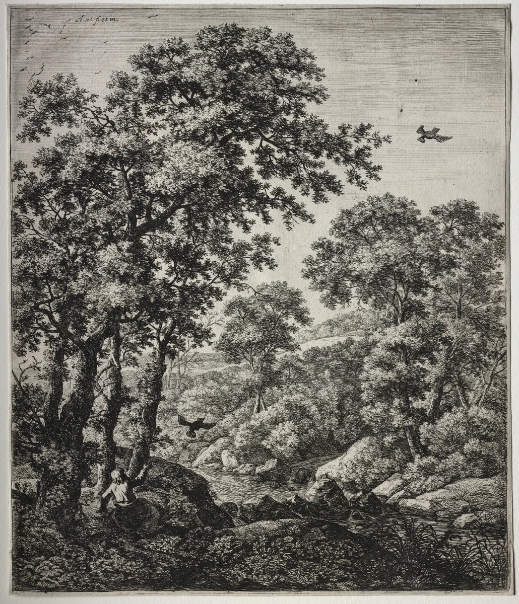 Six large upright landscapes with scenes from the Old Testament: Elijah Fed by the Ravens by Anthonie Waterloo, print, 1640-1690