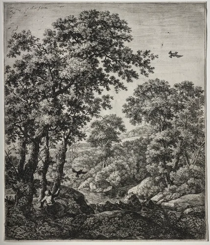 Six large upright landscapes with scenes from the Old Testament: Elijah Fed by the Ravens by Anthonie Waterloo, print, 1640-1690