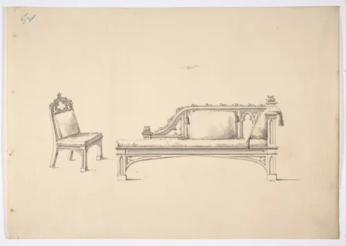 Design for a One-armed Gothic Style Sofa and Chair by anonymous, drawing, 1800-1850