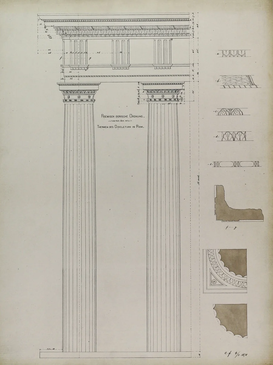 Orders of Architecture, Roman Doric Order from Baths of Diocletian, Rome, Italy, Elevation by Carl Furst, other, 1870