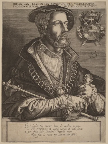 Johan van Leyden (Jan Beukels) by Jan Muller; Heinrich Aldegrever, print, 1615
