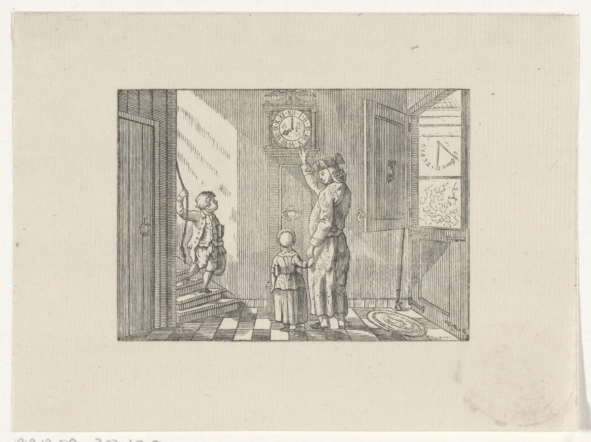 Man leert een jongen en een meisje klokkijken op een staande klok by Hendrik Numan, print, 1746-1788