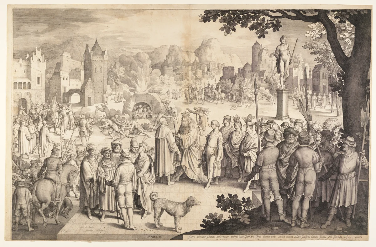 Shadrach, Meshach, and Abednego in the Burning Stove by Nicolaes de Bruyn, print, 1610