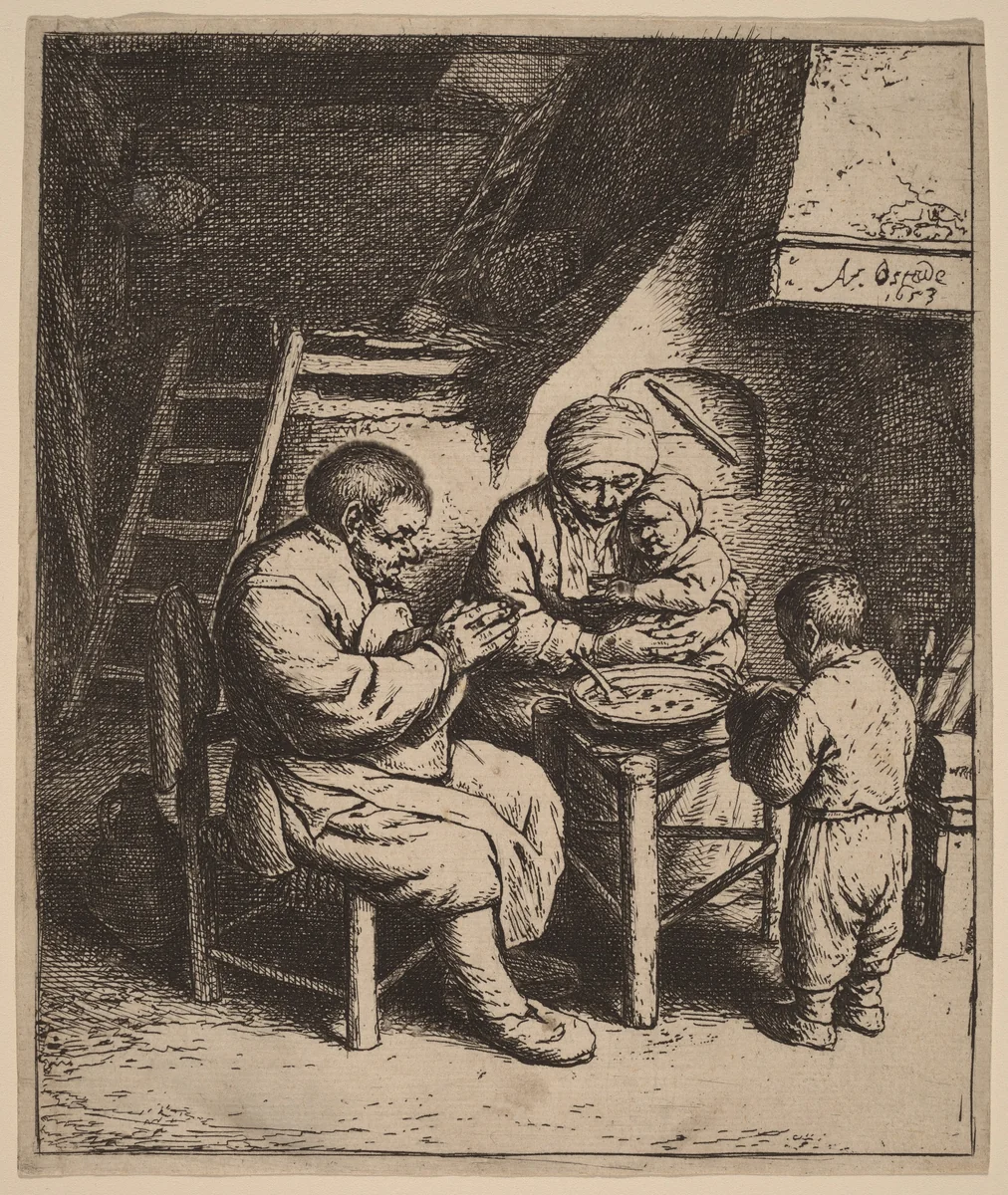 Peasant Family Praying Before a Meal by Adriaen van Ostade, print, 1653