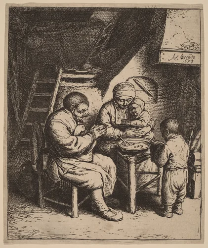 Peasant Family Praying Before a Meal by Adriaen van Ostade, print, 1653